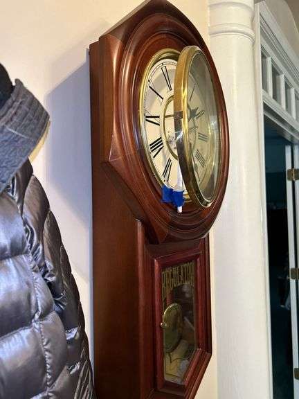 Waltham Regulator Schoolhouse 31 Day Chime Mechanical Wall Clock w/Key…..clock is not damaged but will not stop chiming and seller didn’t know how to fix so there is a pencil in place to stop chime…..approx. 28” tall