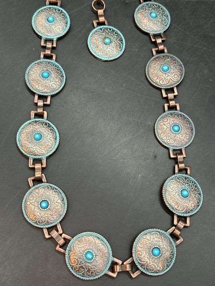 Great looking ladies copper and turquoise medallion belt…..adjustable for waist size