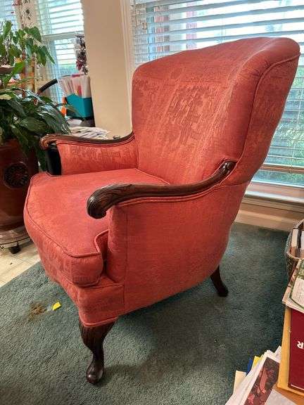 Antique coral upholstered accent chair…..29-1/4 x 20-1/2 x 18 tall to seat (34-1/2 tall overall)
