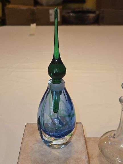 Beautiful bue & green crystal glass perfume bottle w/stopper + additional glass bottle w/stopper...