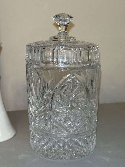 Great selection of pressed glass, clear glass and crystal home decor pieces…..s/p shakers are Lenox…..lidded trinket is Lenox-like but not marked