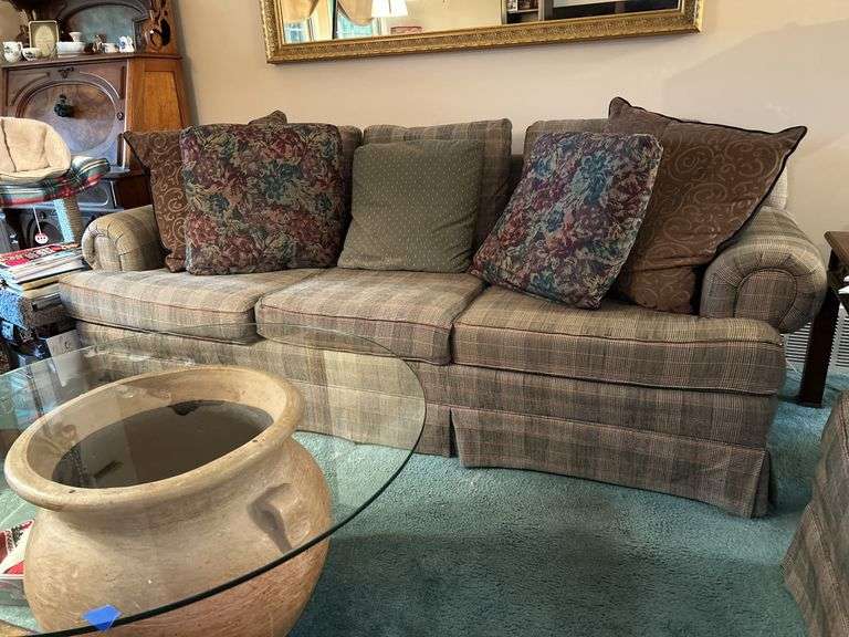 Alexvale Furniture plaid scroll arm sofa with throw pillows…..88 x 28 deep from back x 18 tall to seat (30 tall overall)