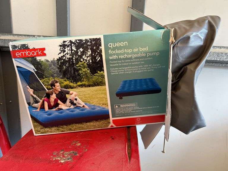 EMBARK queen size flocked-top air mattress with rechargeable pump…..not tested but pump is still in original packaging