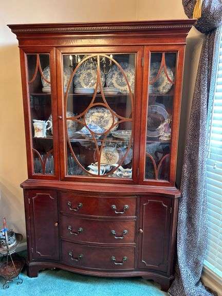Beautiful antique mahogany china cabinet with 3 drawers and 2 side compartments…..piece is at least 80 years old and is a family heirloom…..you will see slight blemishes from every day normal use…..45 x 15-1/2 x 72 tall