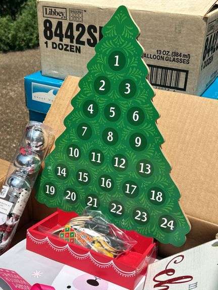 Box of mostly new Christmas decor