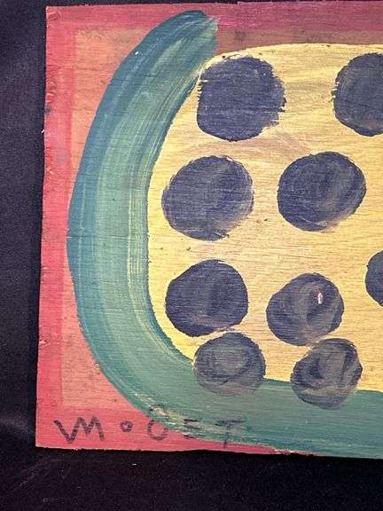 Original signed Mose T yellow meat watermelon Folk Art with signature soda can tab hanger…..14 x 8