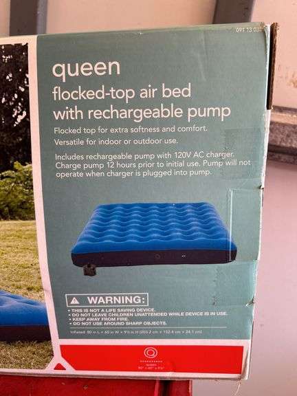 EMBARK queen size flocked-top air mattress with rechargeable pump…..not tested but pump is still in original packaging
