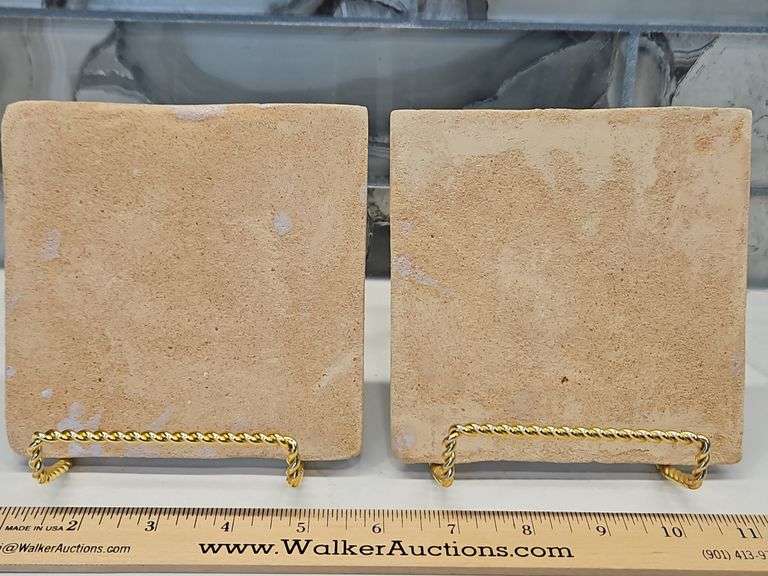 Two(2) Vintage ceramic Delft Dutch 19th century polychrome tiles 5" X 5" square x 1/4" thick...