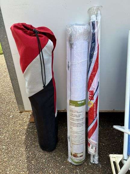 Assortment of lawn chairs, chair in a bag, beach umbrella, 36” oval vinyl roll up shade