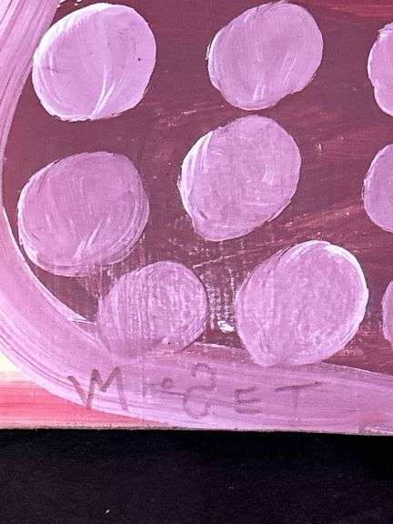 Original signed Mose T red meat watermelon with pink seeds Folk Art with signature soda can tab hanger…..12-1/2 x 6-1/2