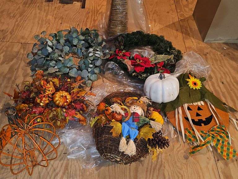Fall and Christmas wreaths and front door/porch decorative items.