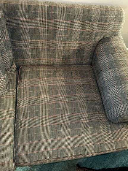 Alexvale Furniture plaid scroll arm sofa with throw pillows…..88 x 28 deep from back x 18 tall to seat (30 tall overall)