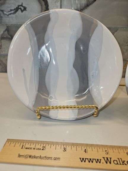Pair of Beautiful Alex Marshall Handmade Stoneware 6" Classic or Urban Round Bowls in Grey-White Stripe SEE DESCRIPTION FOR DETAILS...