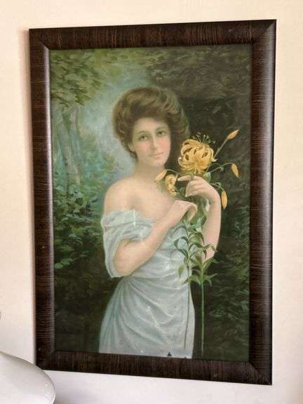 Beautiful print of elegant lady with Glacier Lily in wood grain-look frame…..23 x 33 image