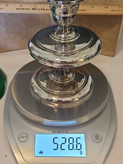 Pair of Gorgeous Vintage Sterling Cement Filled Pedestals/Candle Holders w/Green Glass Candy Dishes 528.6 total grams...