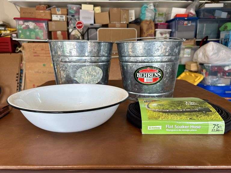 (2) like new Behrens 10 qt galvanized buckets, like new enamel wash bowl and NEW 75 ft. flat soaker hose