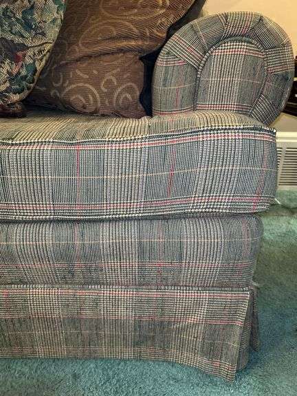 Alexvale Furniture plaid scroll arm sofa with throw pillows…..88 x 28 deep from back x 18 tall to seat (30 tall overall)