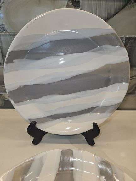 Pair of Beautiful Alex Marshall Handmade Stoneware 8.5" Slim Round Side Plates in Grey-White Stripe SEE DESCRIPTION FOR DETAILS...