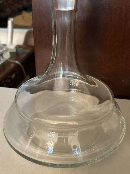 (2) very nice looking clear glass decanters…..left is unmarked (10–/4 tall) and right is Pottery Barn (9” tall)