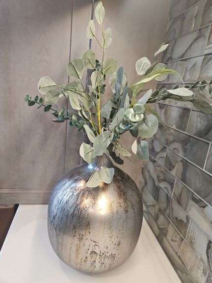 Large Antique Glaze Glass Bottle ~ 12x16 INCLUDES ARTIFICIAL PLANTS...