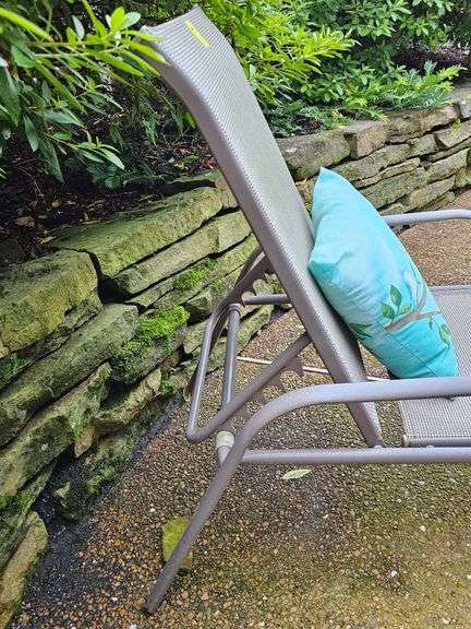Adjustable patio lounge chair with cushion.