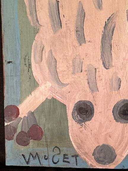 Original signed Mose T chunky pinkish/white frog Folk Art with signature soda can tab hanger…..9 x 15-1/2