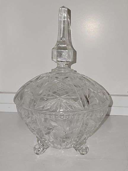 Vintage crystal candy dish. Possibly Royal shell collection. 10.75 in tall. No cracks or chips found.