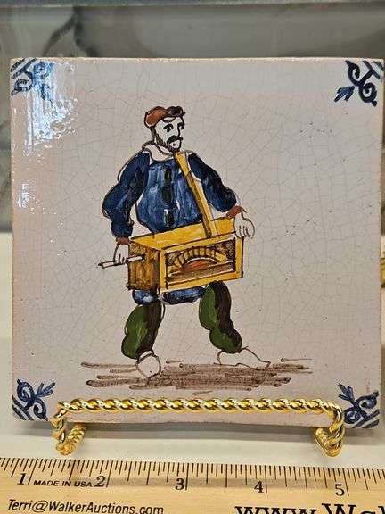 Two(2) Vintage ceramic Delft Dutch 19th century polychrome tiles 5" X 5" square x 1/4" thick...
