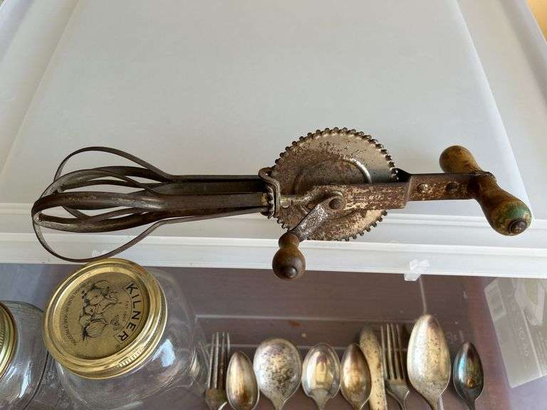 Selection of various silverplate flatware (mostly Community plate and needs polished), canning jar and vintage handheld mixer