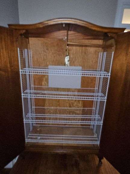 Fabulous antique armoire With burl wood inlay, repurposed as a cabinet. 48 x21.5x 78 in tall.