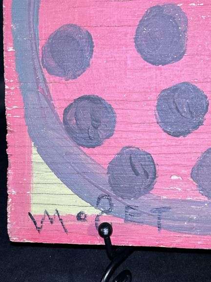 Original signed Mose T red meat watermelon Folk Art with signature soda can tab hanger…..9-1/2 x 9