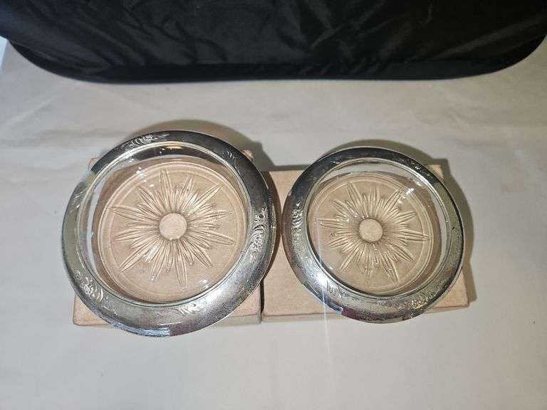Set of Two(2) vintage Frank Whiting 4.5" cut glass coasters w/Sterling rims...
