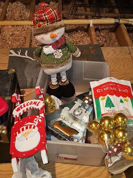 Tub of Christmas decor and doormat.
