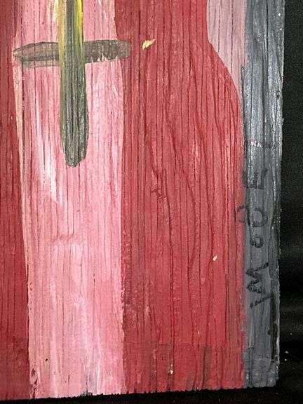 Original signed Mose T good and evil Folk Art with signature soda can tab hanger…..10-1/4 x 16-1/2