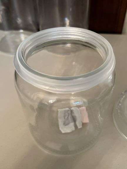 Selection of (3) Kirkland’s glass canisters with rubber seal around lids…..sizes range from 7-1/2 to 11-1/2” tall