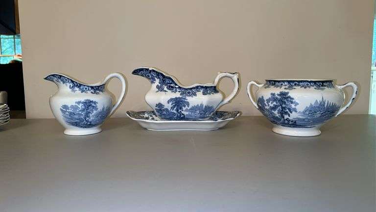 Vintage Allerton’s Kenilworth English Gravy Boat with Under Tray (chipped), Creamer and Sugar Bowl (no lid)…..gravy boat is 8-1/2 x 4-1/2 tall, creamer 4” tall and sugar bowl 6-1/2 x 4 tall (handle to handle)