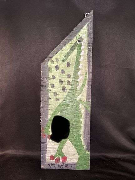 GRAPHIC…..Original signed Mose T green Tiko bird/dino Folk Art with signature soda can tab hanger…..6-1/4 x 19-1/2 image