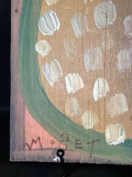Original signed Mose T dark yellow meat watermelon Folk Art with signature soda can tab hanger…..10-2/4 x 9-1/4