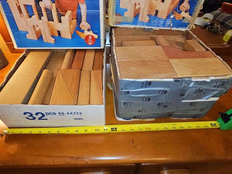 Two boxes of Kinder School building blocks set. Pieces were not counted. Contents of both boxes is what you receive as pictured.