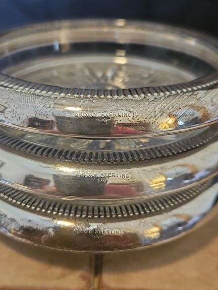 Set of Three(3) vintage Crown 3.75" cut glass coasters w/Sterling rims...