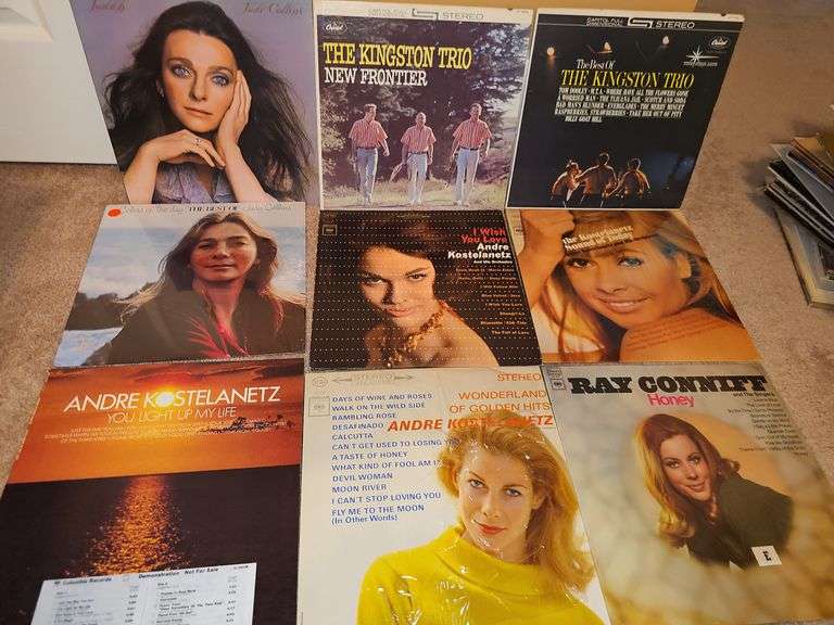 Grouping of albums by Judy Collins, the Kingston trio, Andre Kostelanetz, Ray Conniff, and more.