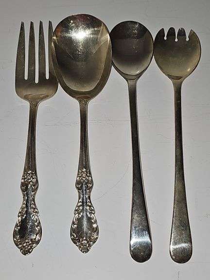 Silver plate salad servers cold meat fork and serving spoon.