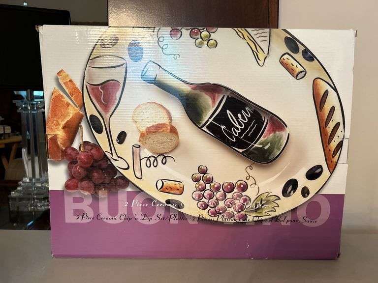NIB Clay Art “BUON VINO” hand painted 2-piece chip n’ dip set