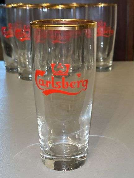 Vintage 1960's Set of 11 Carlsberg Beer Glasses with Gold Rim and Crown…..5-3/4” tall