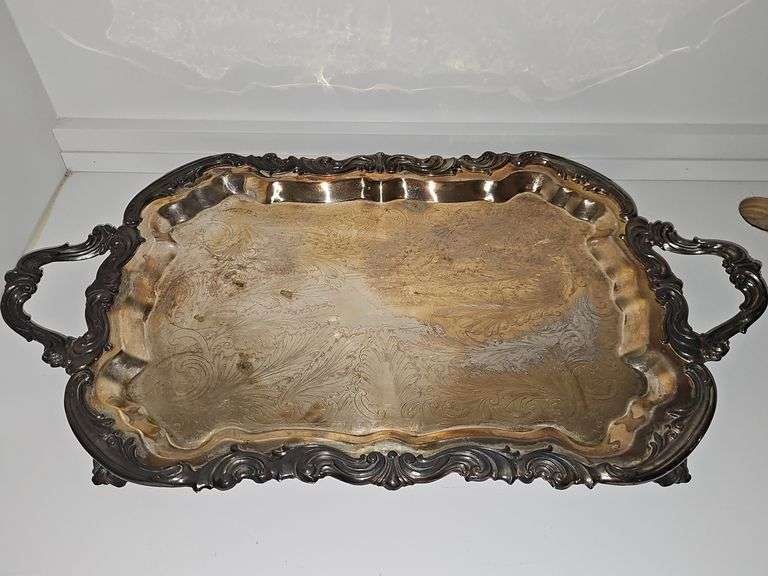 Footed oblong silver plate tray. 25x14.5 in