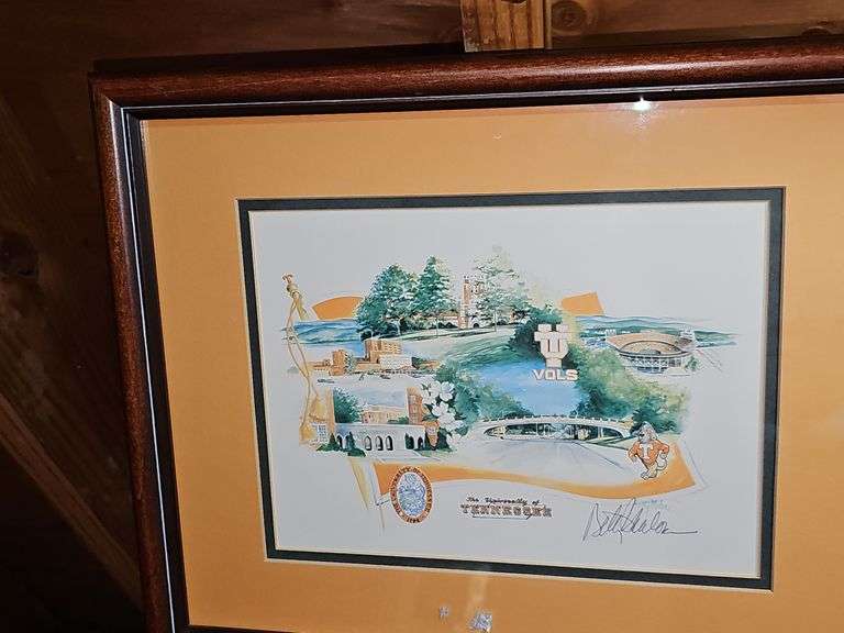 Tub of Vols items and magazines. Framed UT Vols print by Betty Malone artist signed. See all photos.