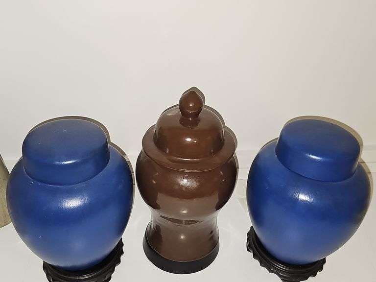 Three ceramic urns. 9.25 in and 11.25 in tall.