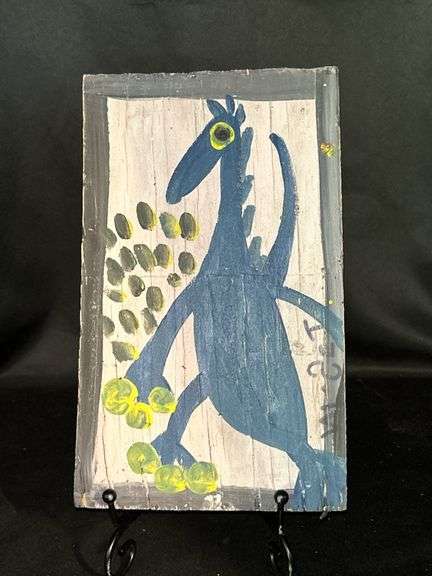 Original signed Mose T blue Tico bird was th greenish/yellow toes Folk Art with signature soda can tab hanger…..6 x 10