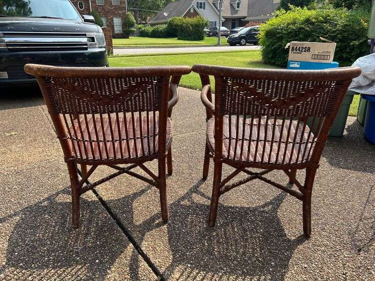 Pair of faux wicker barrel back chairs…..sturdy - shows wear from normal use…..26 x 18-1/2 x 16 tall to seat (28 tall overall)
