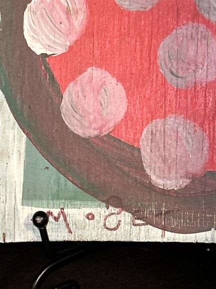 Original signed Mose T red meat watermelon with grayish seeds Folk Art with signature soda can tab hanger…..8-1/2 x 9-1/4